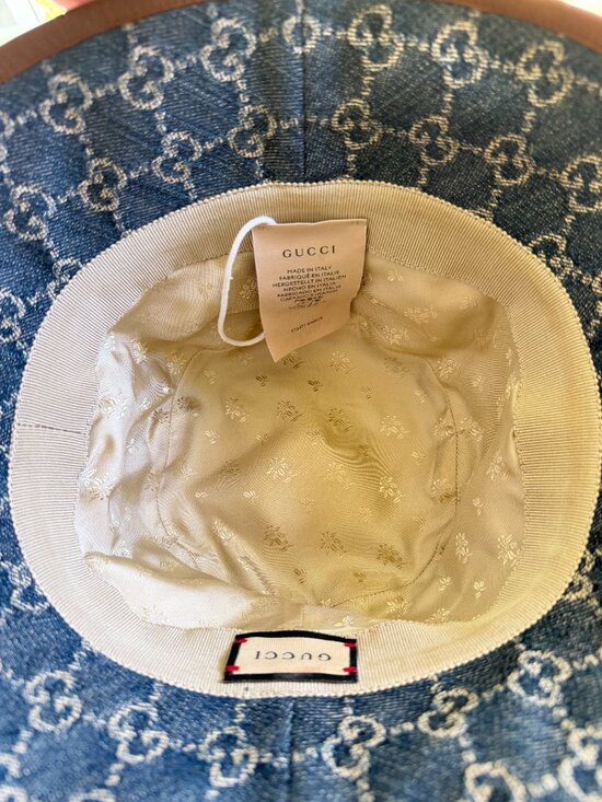 Gucci GG Monogram Blue Denim Bucket Hat — Brown Lambskin Leather Trim, Size M 58 main image 4